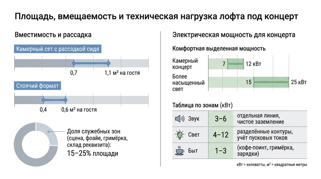 Площадь, вмещаемость и техническая нагрузка